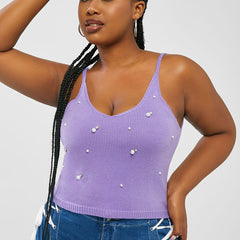 Faux Pearl Knit Cami Top Women's High Stretch V Neck Vest