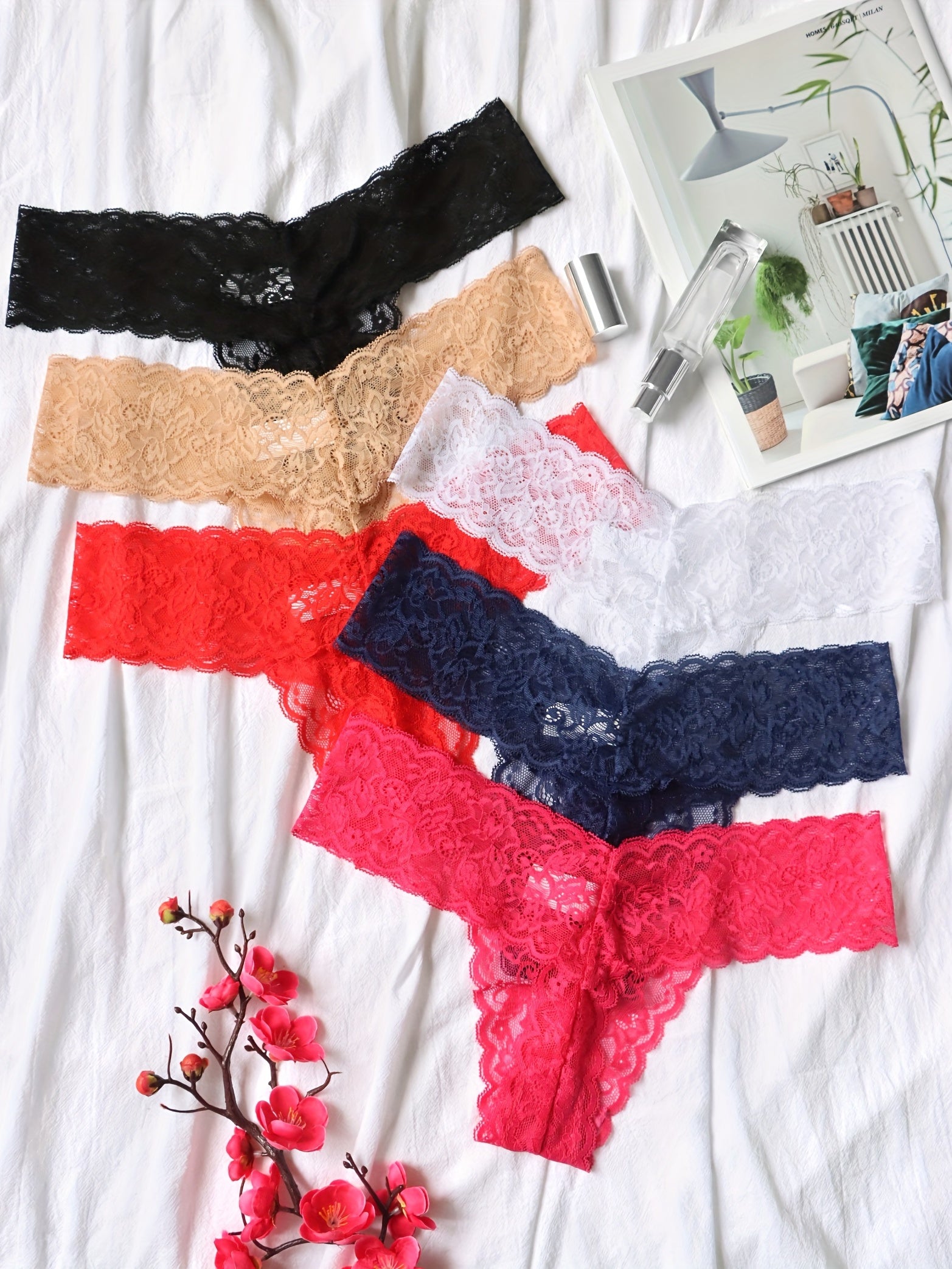 6pcs Floral Lace Thongs Scallop Trim Panties Soft Comfy Women's Lingerie