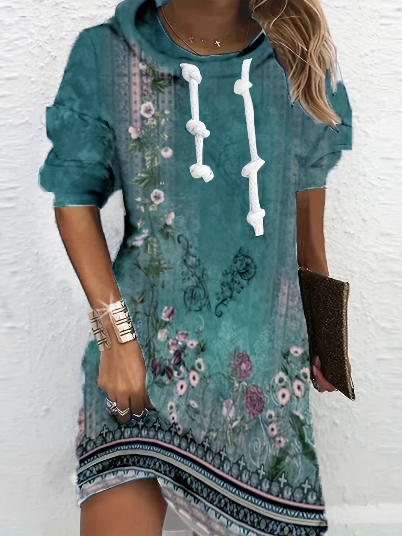 Floral Print Long Sleeve Hoodie Dress