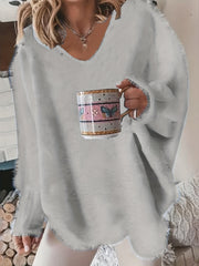 Solid Eyelash Long Sleeve V Neck Sweater