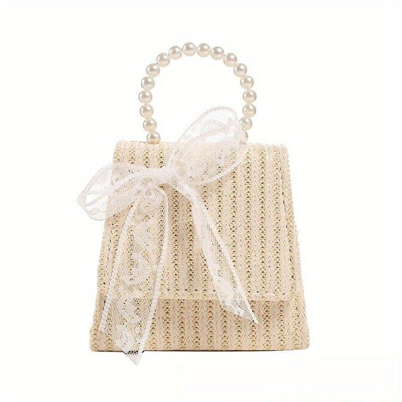 Straw Crossbody Bag with Faux Pearl Handle for Women