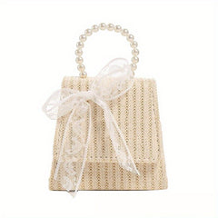 Straw Crossbody Bag with Faux Pearl Handle for Women