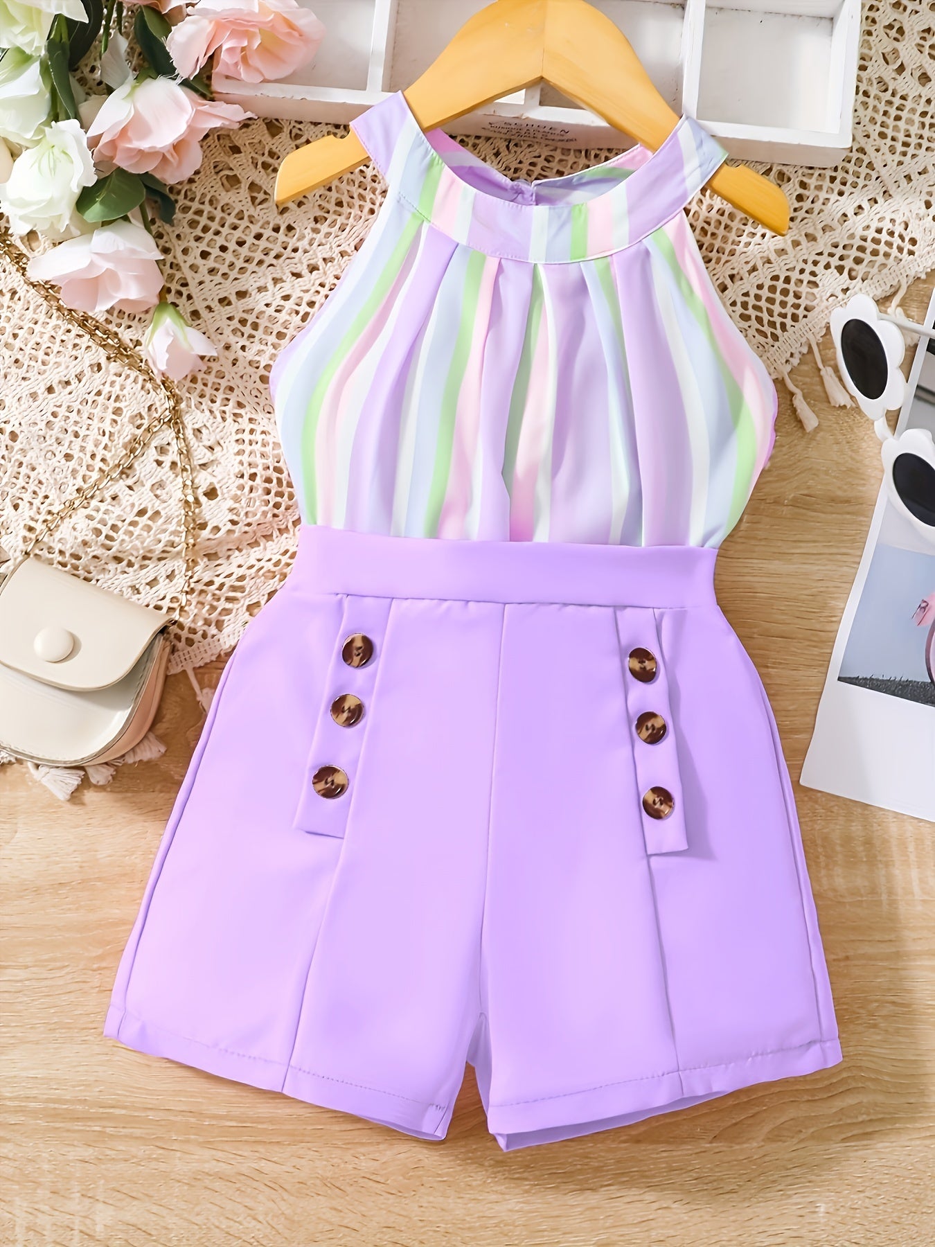 Girl's Rainbow Striped Halter Top & Button Shorts Set Beach Holiday Outfit