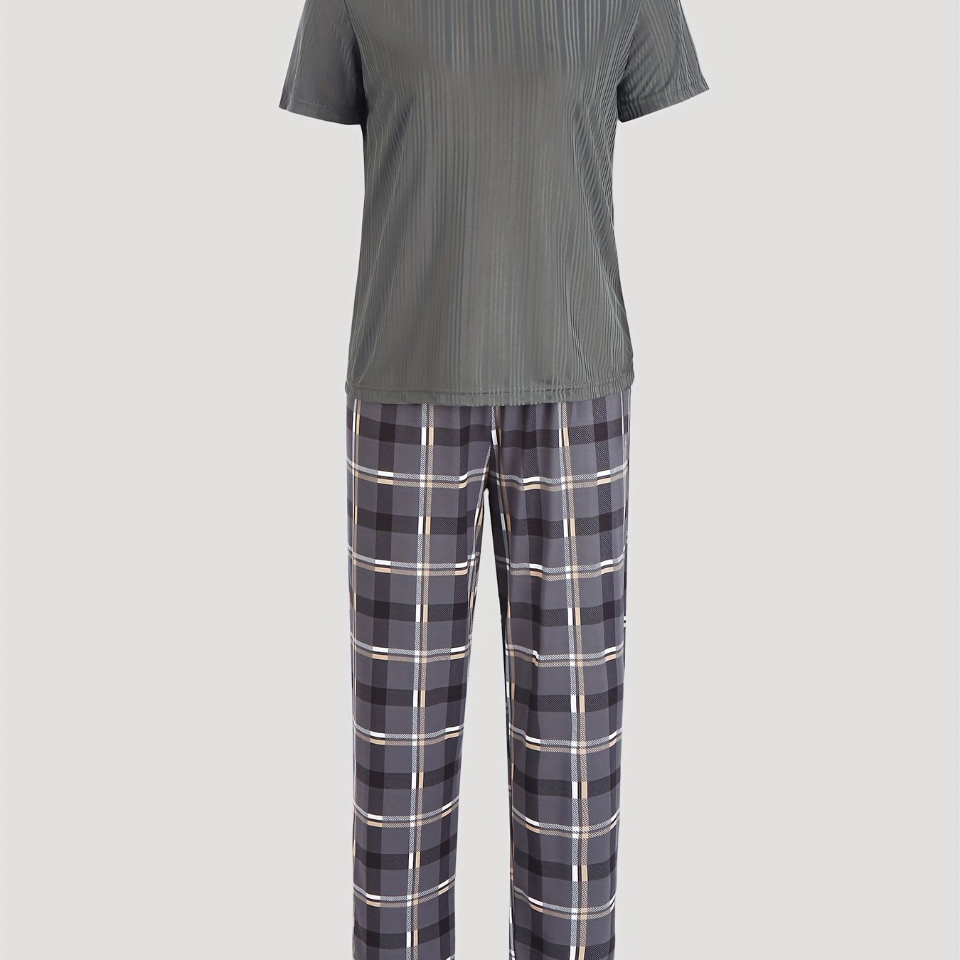 Plaid Lounge Set Short Sleeve Top & Pants Women's Loungewear