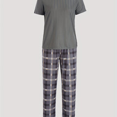 Plaid Lounge Set Short Sleeve Top & Pants Women's Loungewear