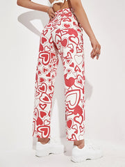Heart Pattern High Waist Wide Leg Jeans Loose Fit Denim Pants