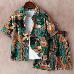 Boys Flower Print Outfit Short Sleeves Button Down Shirt & Shorts