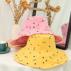 Stars Print Reversible Buckle Hat Wide Brim Solid Causal Sun Hat
