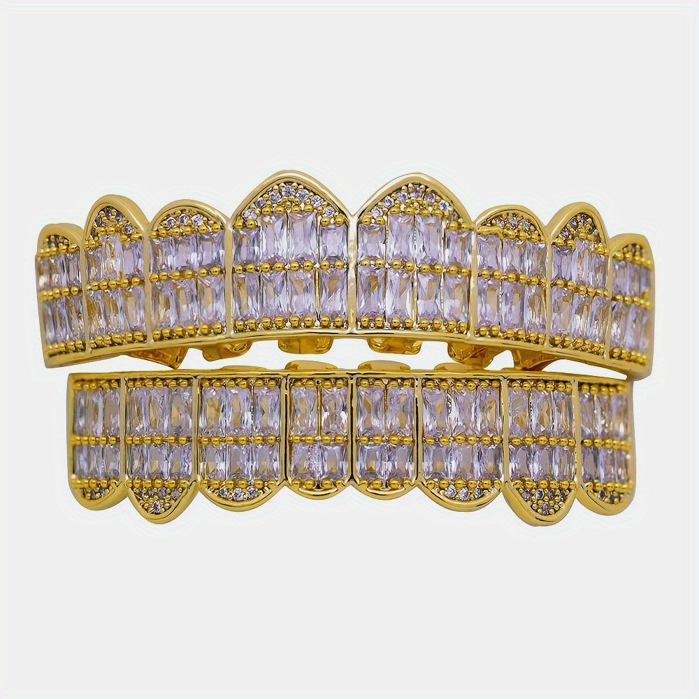 18K Unisex Big Gold Teeth Square Pave CZ 8 Teeth Top Bottom