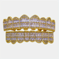 18K Unisex Big Gold Teeth Square Pave CZ 8 Teeth Top Bottom