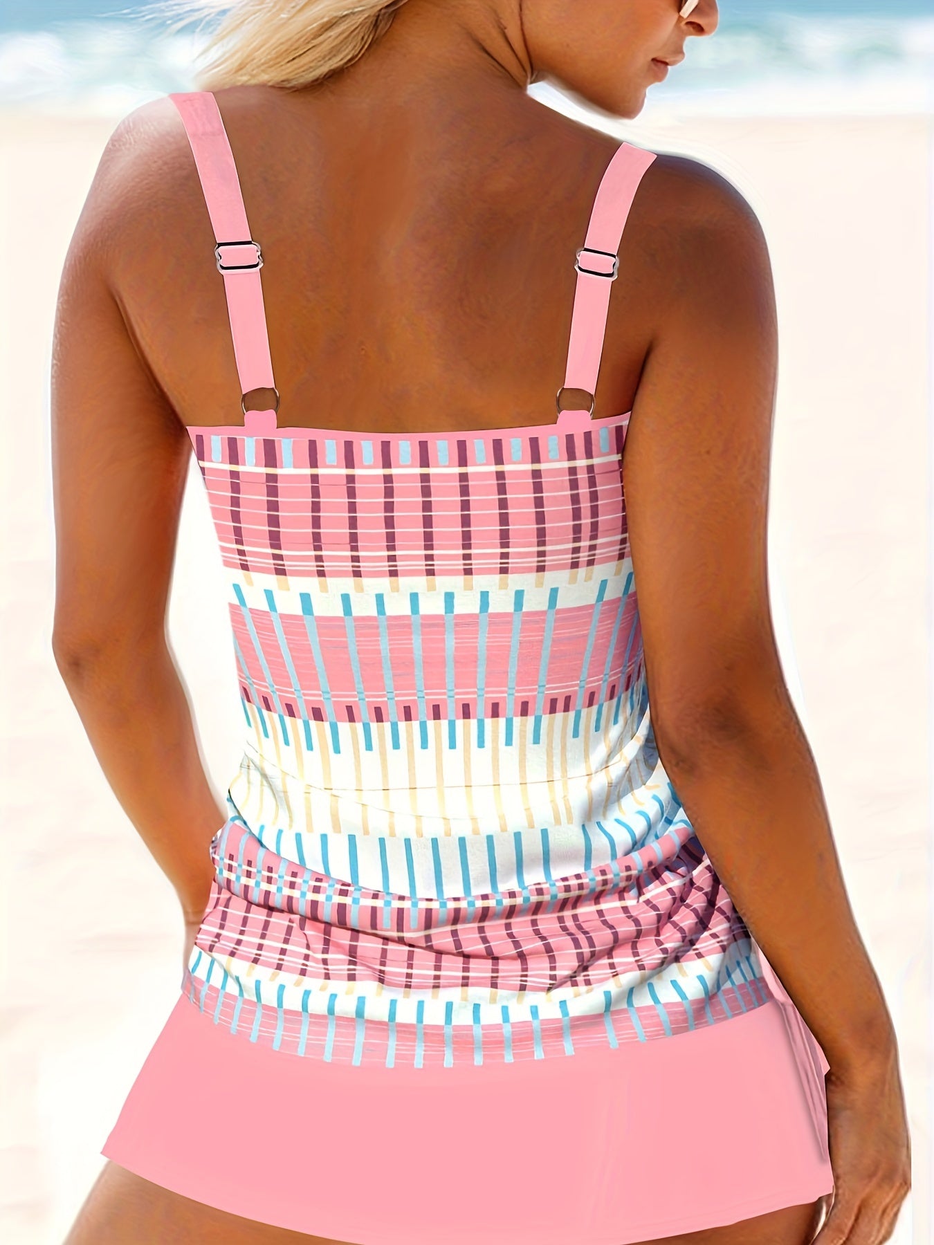 Striped Tankini Set Tie Side Cami Top & Split Skort Bathing Suit 2 Pie