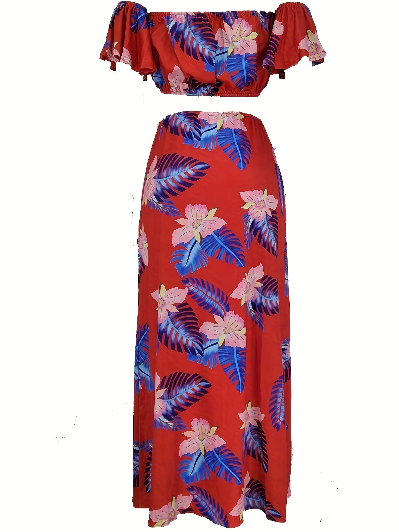 Tropical Print Crop Top & Side Slit Maxi Skirt Set