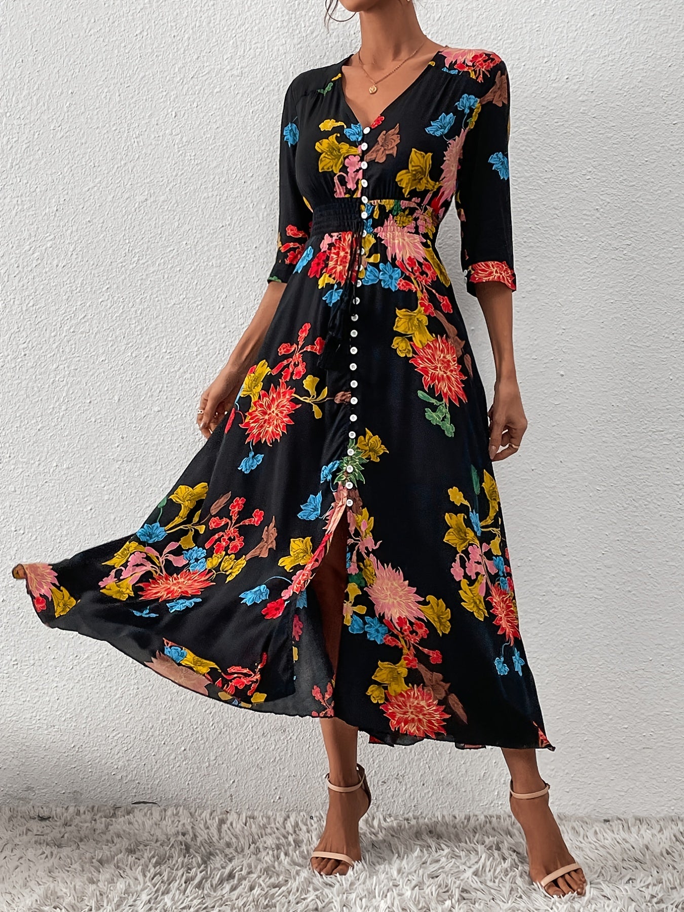 Floral Print Dress V Neck Short Sleeve Dress Casual Every Dress Women's Clothing