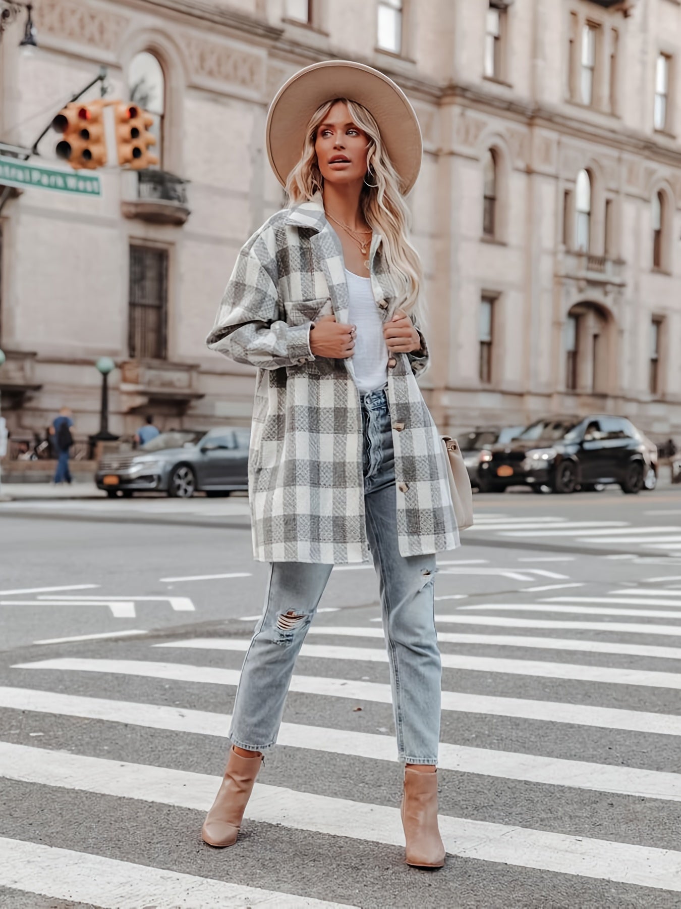 Plaid Shirt Jacket Button Up Casual Shacket for Women