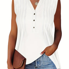 V Neck Tank Top Button Front Sleeveless Solid Summer Top