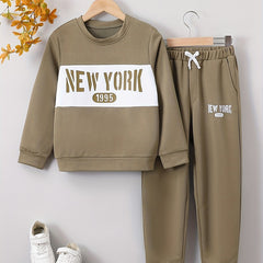 Boys 2pcs Sweatshirt & Sweatpants Set YORK Print Long Sleeve Top Casual Outfits