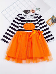 Toddler Girls Halloween Tutu Dress Ghost & Striped Print With Bowknot