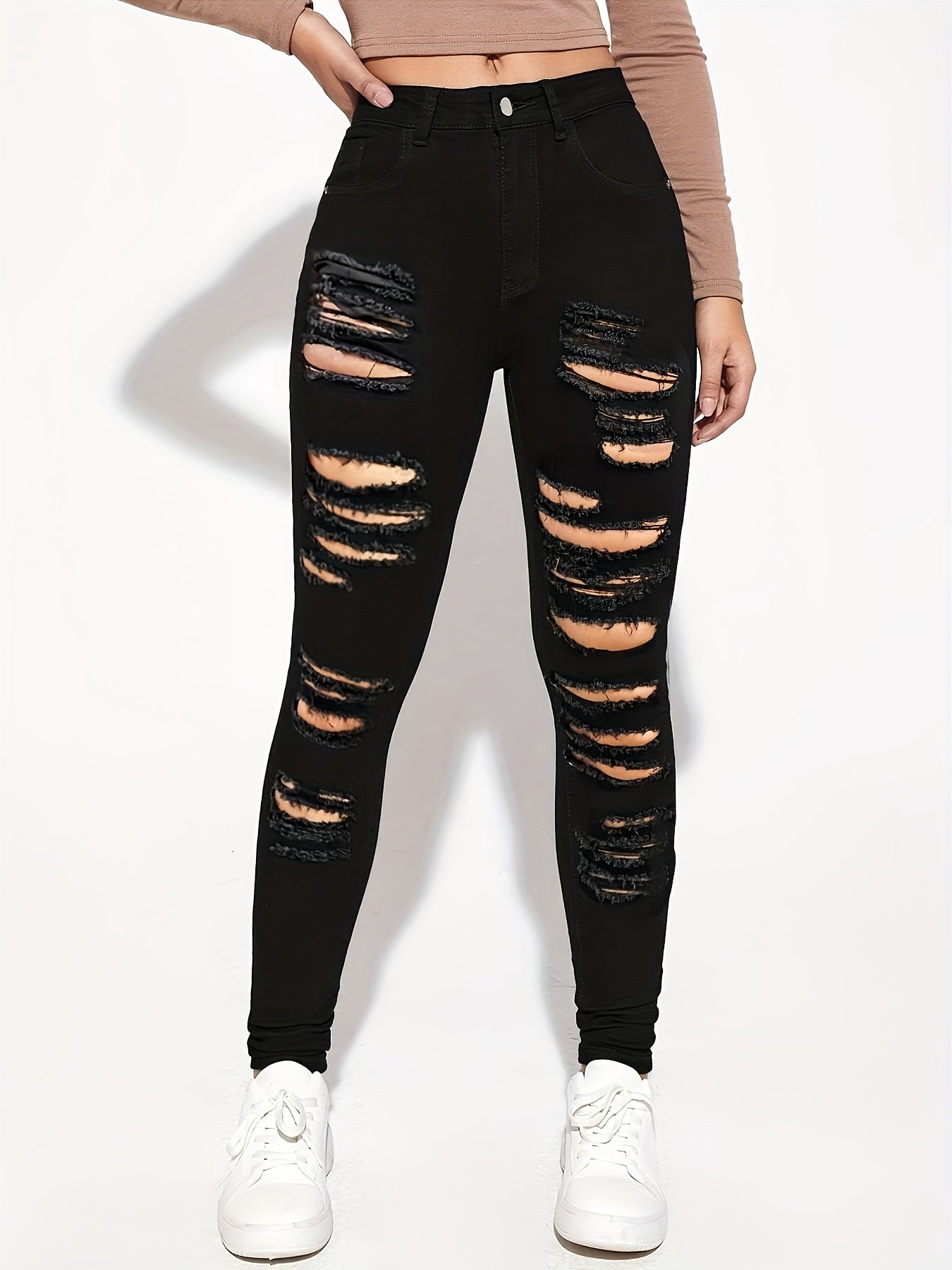 High Waist Skinny Jeans Distressed Denim Pants