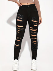 High Waist Skinny Jeans Distressed Denim Pants