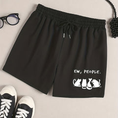Cat & Letter Print Sporty Pajama Shorts