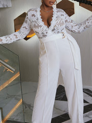 Sexy Jumpsuit Women's Plus Floral Jacquard Lace Sleeve Jumpsuit