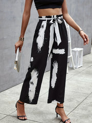 All Over Print Paper Bag Waist Pants Casual Belted Pants