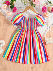 Girls Short Bubble Sleeve Block Shirred Dress Kids Summer Clothes