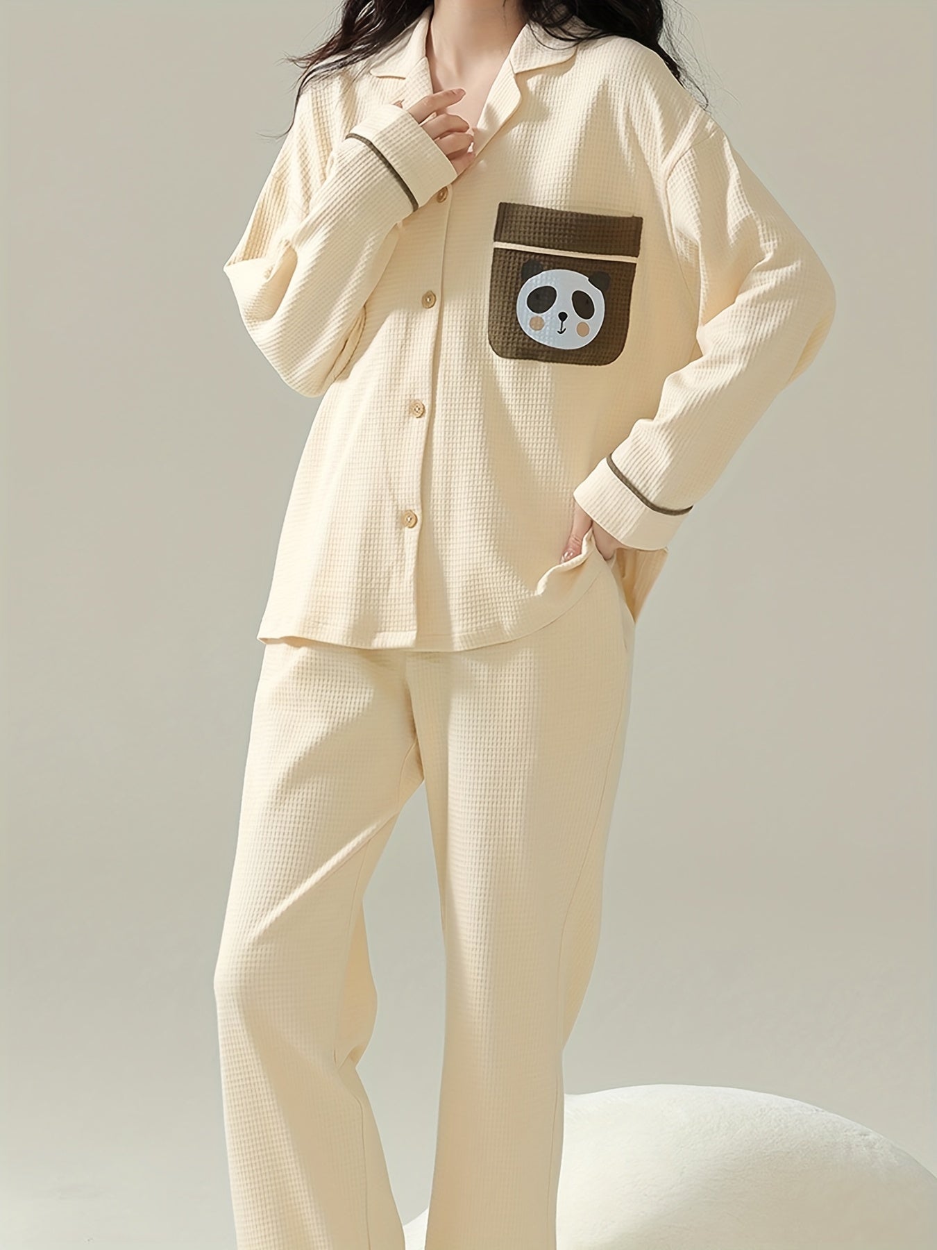 Cartoon Panda Pajama Set Long Sleeve Top & Pants