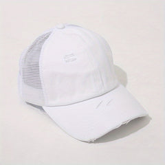 Ripped Ponytail Baseball Cap Washed Distressed Block Sun Hat