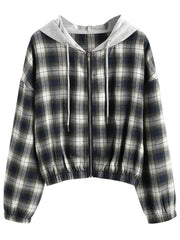 Plaid Hooded Zip Jacket Hoodies Long Sleeve