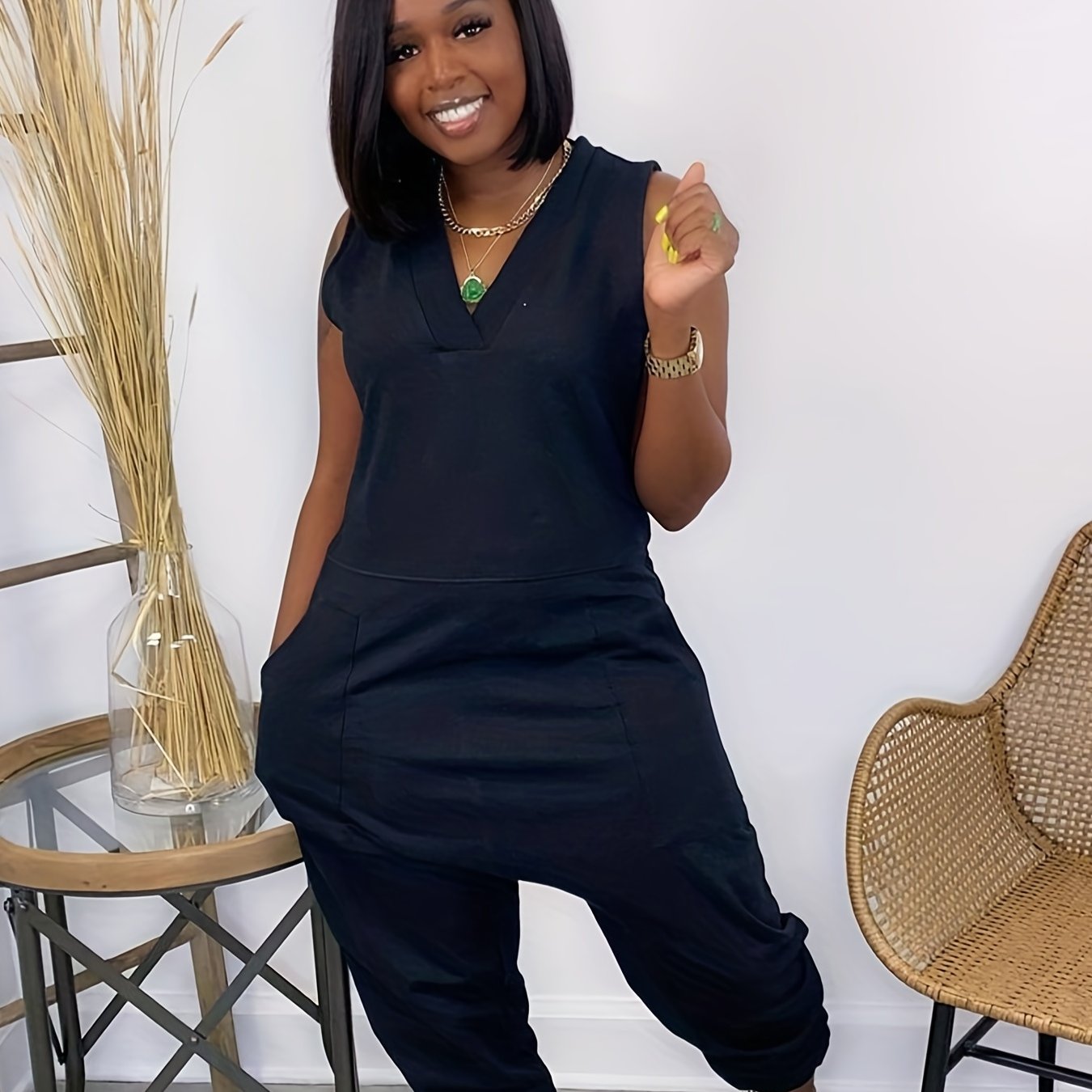 Sleeveless V Neck Jumpsuit Solid Baggy Summer Casual Jumpsuit