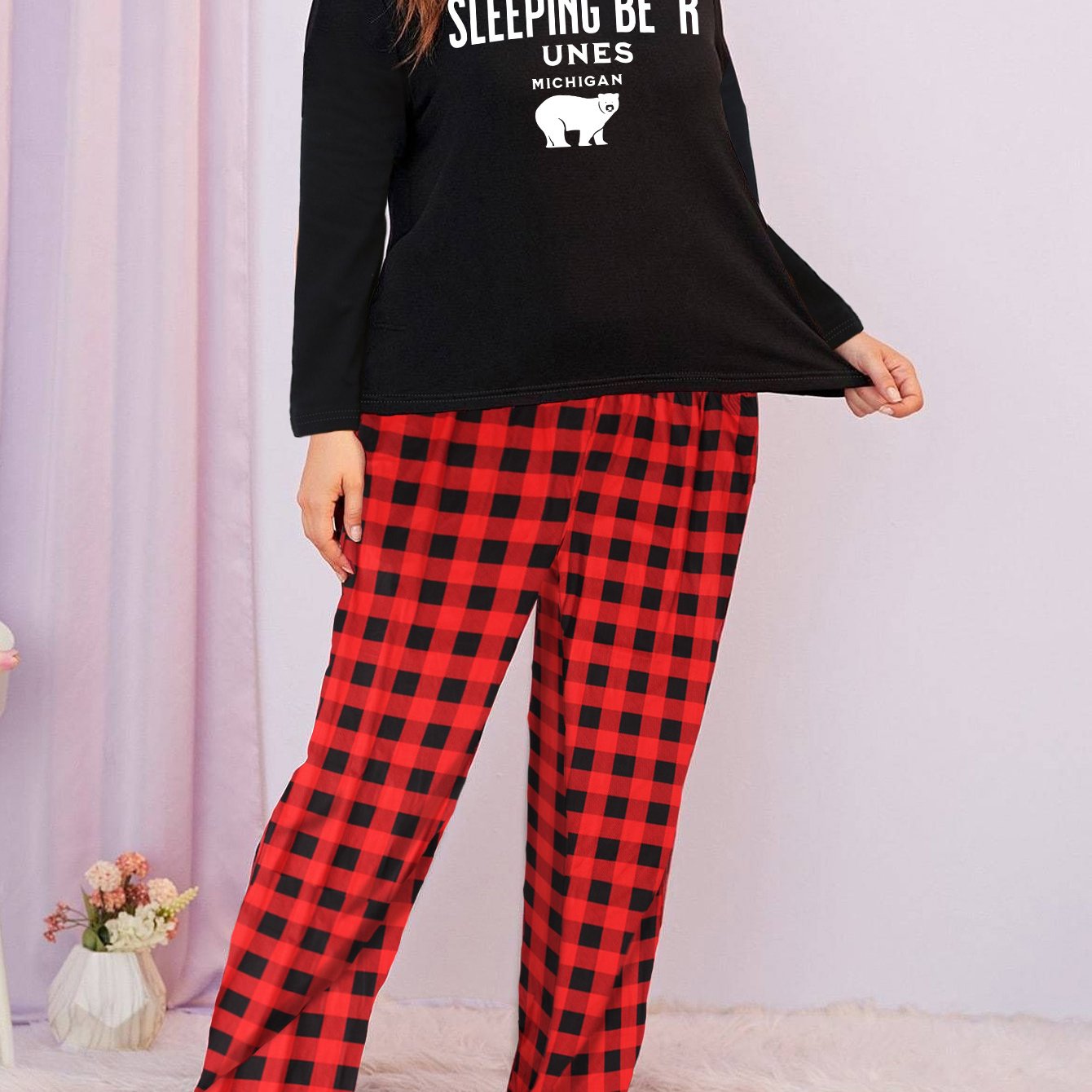 Bear & Letter Graphic Long Sleeve Tee & Plaid Pants Lounge Set