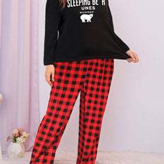 Bear & Letter Graphic Long Sleeve Tee & Plaid Pants Lounge Set