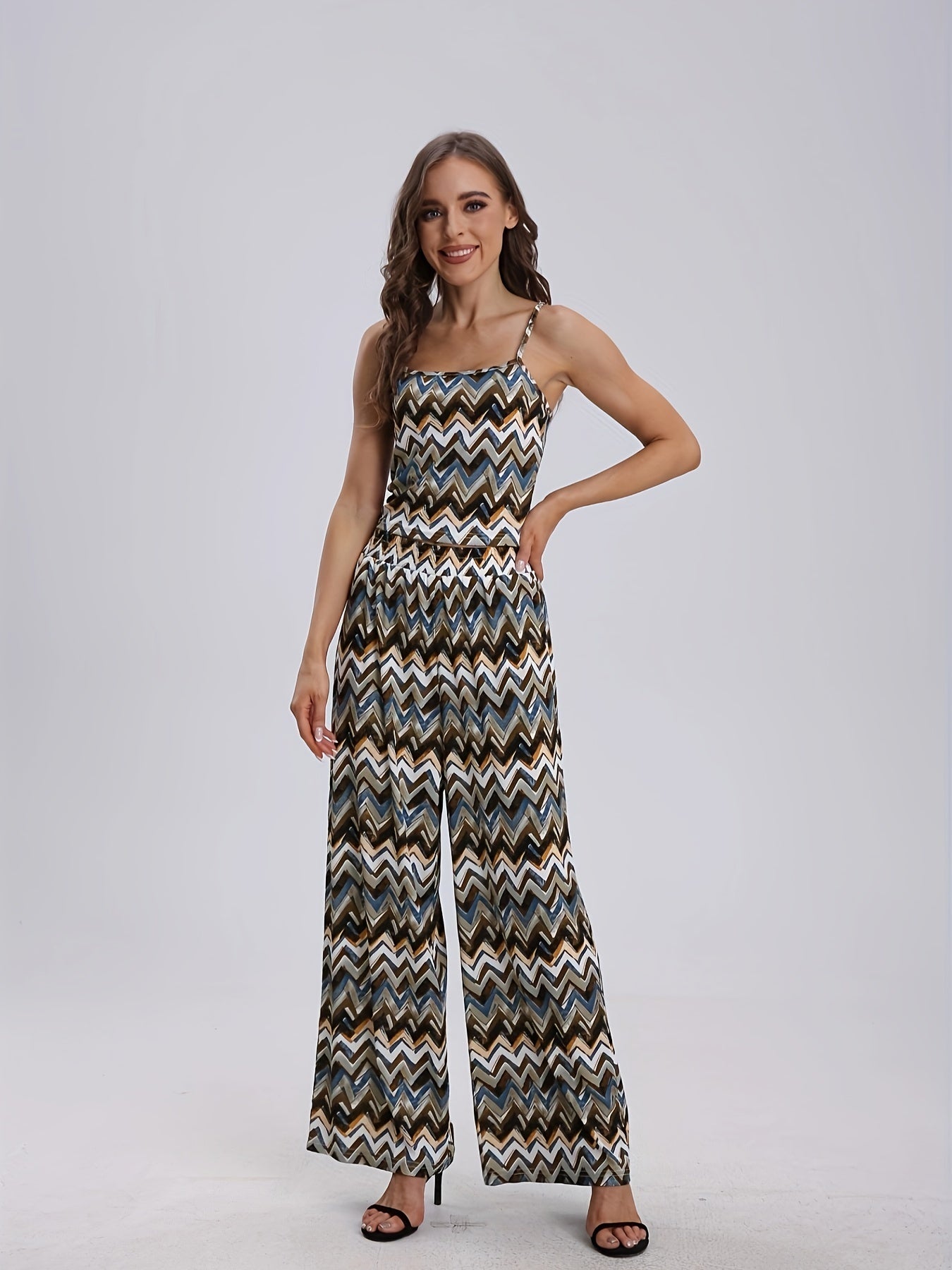 Striped Two Piece Set Crop Cami Top & Wide Leg Pants Outfit