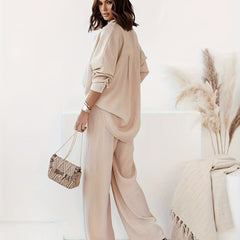 Solid Blouse & Drawstring Pants Two Piece