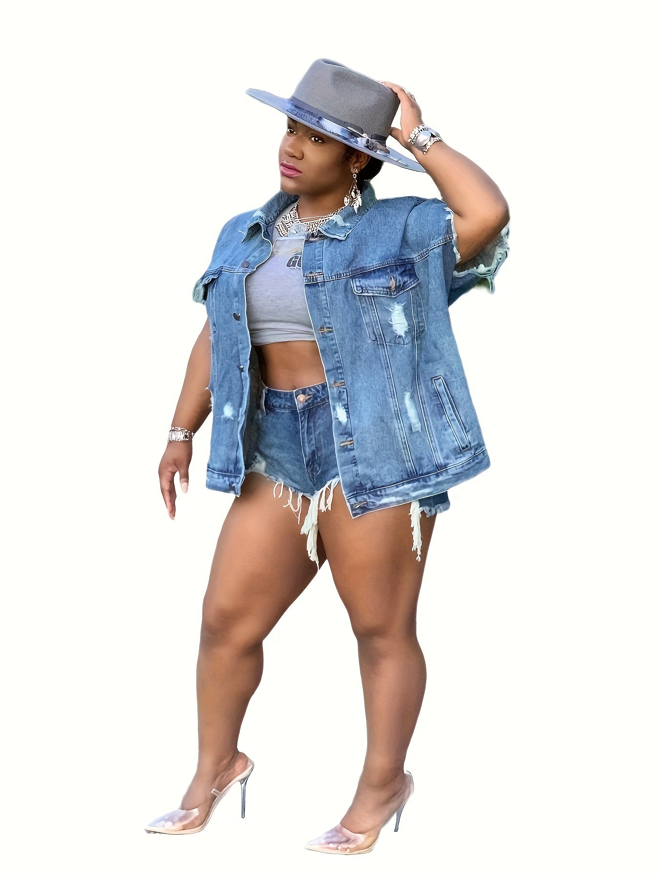 Raw Trim Denim Jackets Short Sleeves Ripped Holes Lapel Versatile Denim Coats
