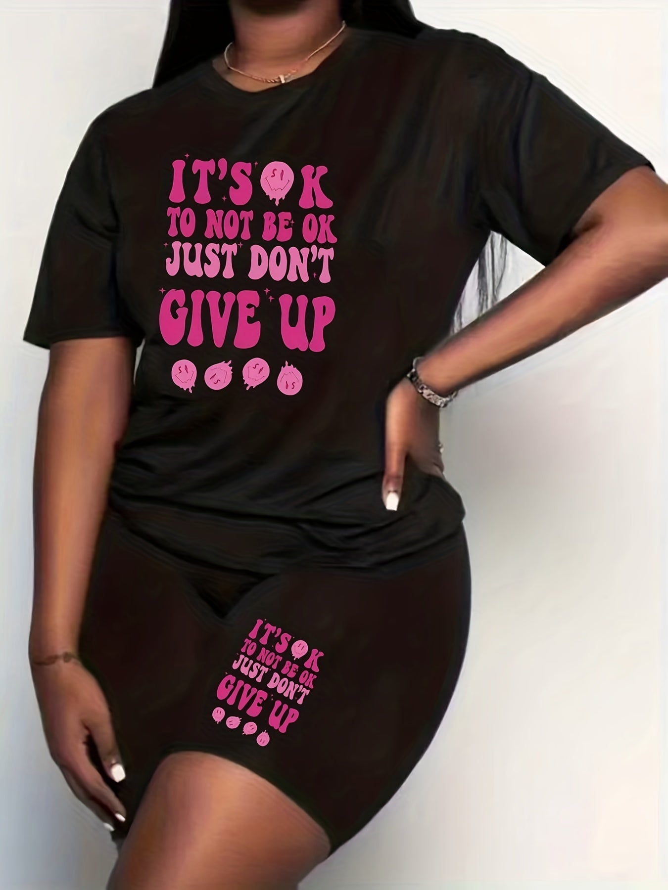 Smiley Face & Slogan Print Top & Shorts Set
