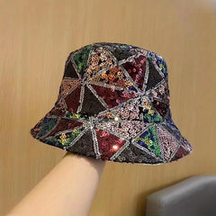 Sequin Y2K Bucket Hat Hip Hop Sparkly Sun Hat Plaid Block Fisherman Cap