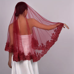 Red Lace Bridal Veil Single Layer Wedding Headpiece Romantic Bride Hair