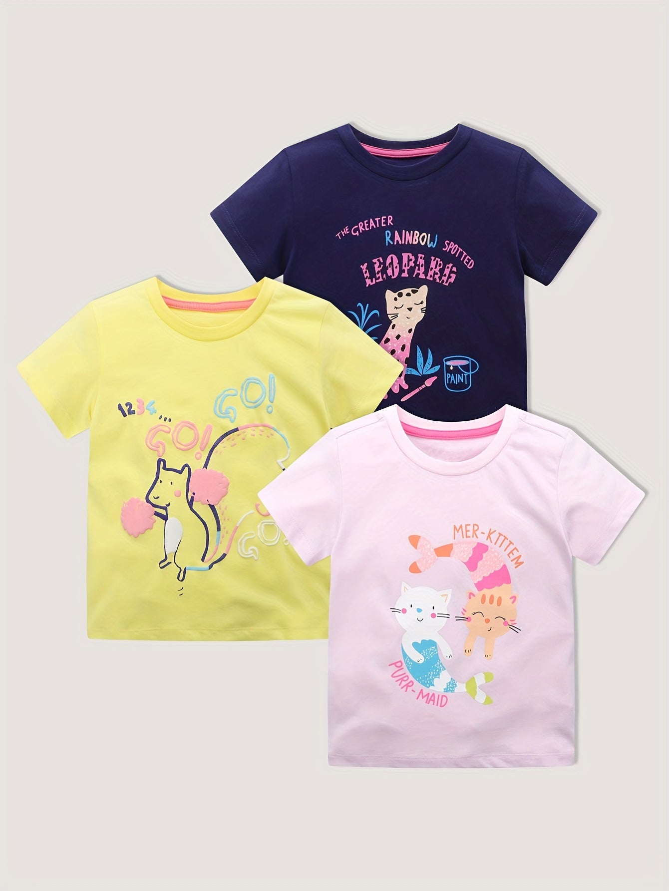 3pcs Girls Cotton Animal Print T-shirt Set, Comfy Tees for Summer
