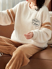 Letter Print Fuzzy Pajama Set Crew Neck Top & Elastic Waistband Pants