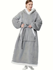 Hooded Fleece Lounge Robe With Pockets & Split