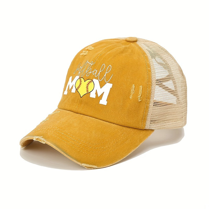 Mom Print Ponytail Trucker Hat Washed Distressed SOFTBALL MOM Baseball Cap