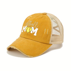 Mom Print Ponytail Trucker Hat Washed Distressed SOFTBALL MOM Baseball Cap