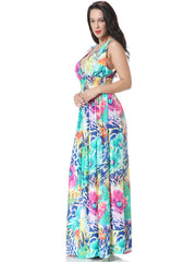 Floral Print Deep V Neck Maxi Dress Plus Size Sleeveless Medium Stretch