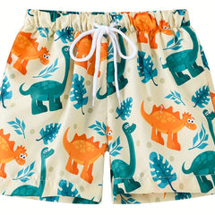 Dinosaur Print Boys Beach Shorts Quick Dry Drawstring Swim Trunks