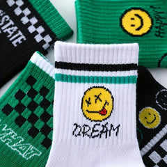 5pairs Checker Smiling Face Crew Socks for Kids