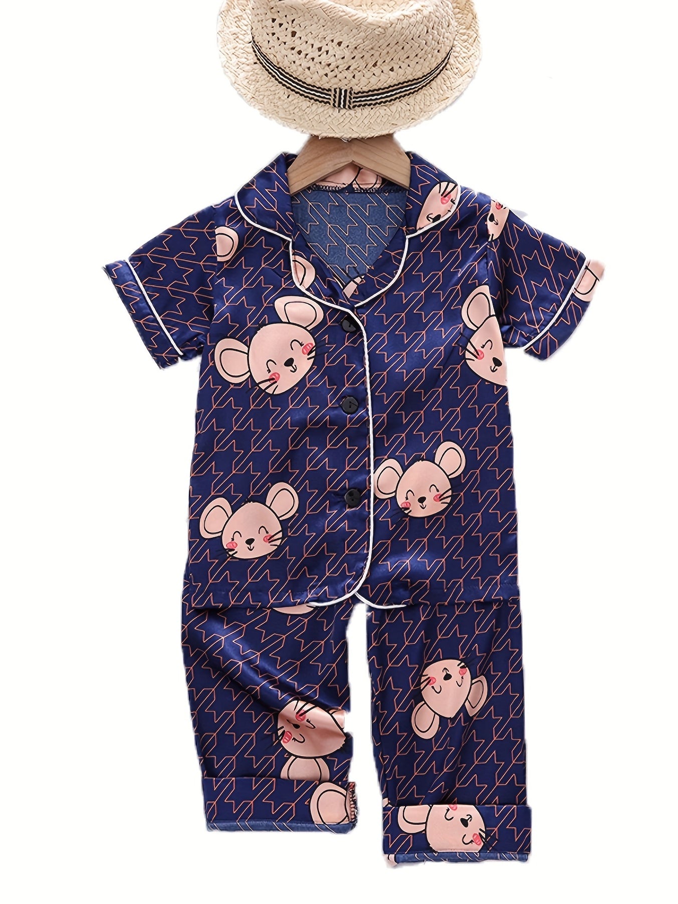 Cartoon Mouse Kid's Satin Pajamas 2pcs Short Sleeve Top & Pants Set