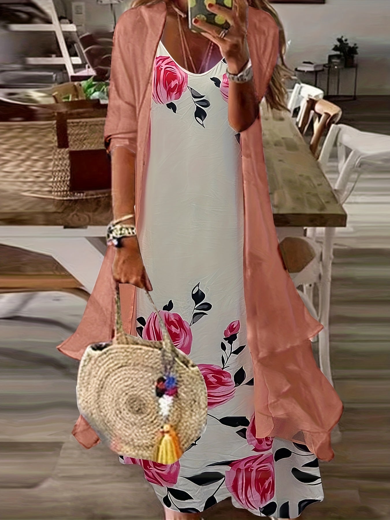 Plus Floral Print V Neck Cami Dress & Cover Up Set