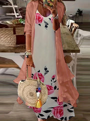 Plus Floral Print V Neck Cami Dress & Cover Up Set